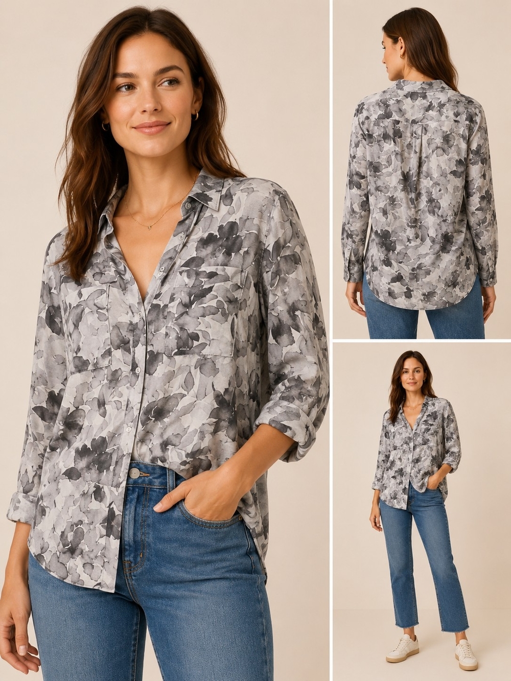 Cloth & Stone Watercolor Floral Button-Up Shirt Gray Lyocell Anthropologie Large